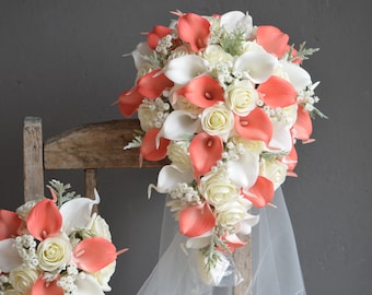 Coral White Wedding Bouquet, Faux Artificial Flowers Bridal/Brdiesmaids Bouquets, Boho Decoraton Florals, Boutonniere/Corsage