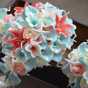 Aqua Coral Beach Bouquets, Real Touch Calla Lilies, Plumerias Roses, Shells, Starfishes Wedding Package, Silk Bride Bouquets