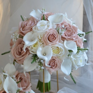 Dusty Blush Pink And White Wedding Bouquet, Real Touch Dusty Rose Pink Roses, White Calla Lilies, Baby's breath Bridal Bridesmaids Bouquets