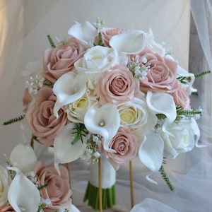 Dusty Blush Pink And White Wedding Bouquet, Real Touch Dusty Rose Pink Roses, White Calla Lilies, Baby&#39;s breath Bridal Bridesmaids Bouquets