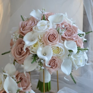 Dusty Blush Pink And White Wedding Bouquet, Real Touch Dusty Rose Pink Roses, White Calla Lilies, Baby's breath Bridal Bridesmaids Bouquets