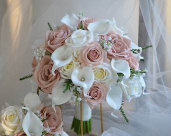Dusty Blush Pink And White Wedding Bouquet, Real Touch Dusty Rose Pink Roses, White Calla Lilies, Baby&#39;s breath Bridal Bridesmaids Bouquets
