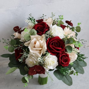 Fake Flowers Burgundy Ivory Wedding Bouquet, Rose Pink Boho Bouquet, Bridal Bridesmaids Bouquet, Eucalyptus, Real Touch Fake Flowers