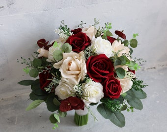Fake Flowers Burgundy Ivory Wedding Bouquet, Rose Pink Boho Bouquet, Bridal Bridesmaids Bouquet, Eucalyptus, Real Touch Fake Flowers