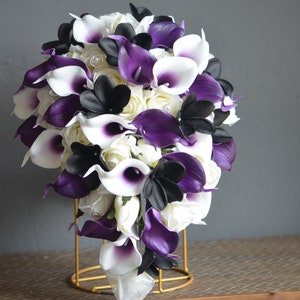 Black Purple Wedding Bouquet, Classic Plum Wedding Bouquets, Boutonnieres, Real Touch Calla Lilies, White Roses, Black Plumeia, Fake Flowers