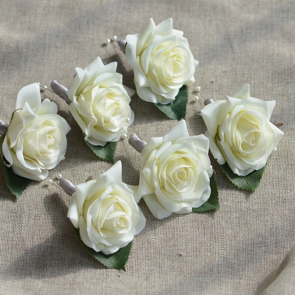 Real Touch Ivory Rose Boutonnieres, Wedding Boutonniere & Wedding Corsage, Wedding Homecoming Prom Corsage