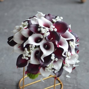 Fake Burgundy Bridal Bouquets, Dark Wine Real Touch Calla Lilies, Dark Red Wedding Bouquets, Picasso Burgundy Calla Lilies, Boutonnieres
