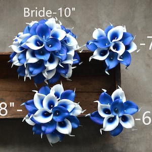 Royal Blue Bridal Bouquets, Real Touch Artificial Calla Lilies, Blue Weddings, Blue Bridesmaids Bouquets, Blue Boutonnieres