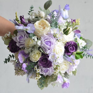 Faux Lilac Lavender Purple Flowers Bridal Bouquet, Real Touch Roses, Bridesmaids Bouquet, Handmade Bouquet/Boutonniere/Wedding Corsages