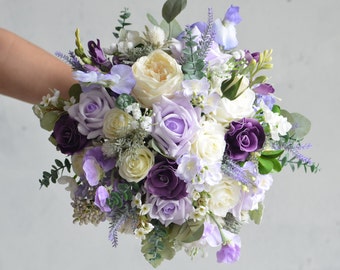 Faux Lilac Lavender Purple Flowers Bridal Bouquet, Real Touch Roses, Bridesmaids Bouquet, Handmade Bouquet/Boutonniere/Wedding Corsages