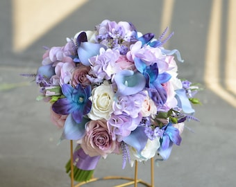 Artificial Lavender Blue Wild Bridal Bouquet, Real Touch Mauve Roses, Real Touch Blue Purple Orchids, Lavender Flowers, Silk Wedding Bouquet