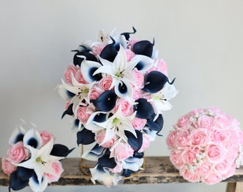 Pink Navy Fake Flowers Bouquet in Real Touch Roses, Calla Lilies, Rustic Boutonnieres, Spring Summer Bouquets, Baby's breath, Tiger Lily