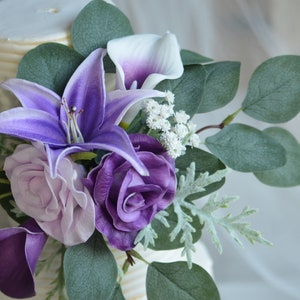 Purple Rose Cake Topper Flowers For Wedding, Lilac Lavender cake topper, Purple Wedding cake topper, Real Touch Rose, Calla Lily, Eucalyptus image 5