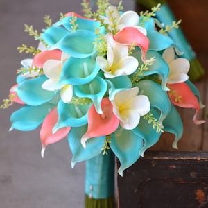 Turquoise Coral Bridal Bouquets, Artifical Calla Lilies, Real Touch Plumerias, Coral Beach Bridesmaids Bouquets, Turquoise Boutonnieres