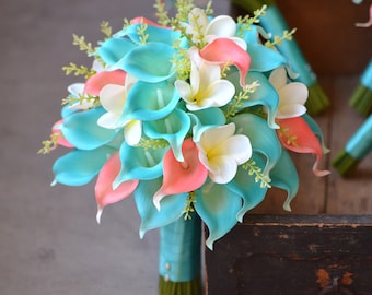 Turquoise Coral Calla Lily Bridal Bouquet, Plumeria Accents