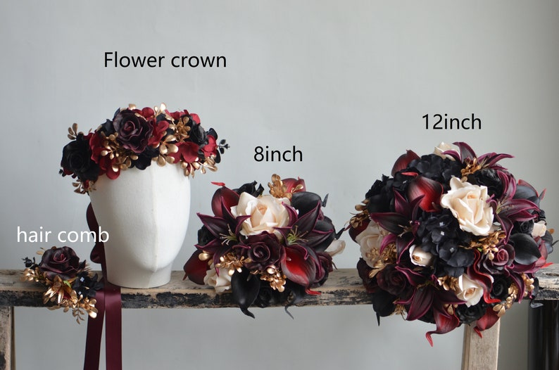 Burgundy Black Gold Beige Bridal Bouquet, Faux Real Touch Flowers, Fall wedding Halloween Wedding, Deep Purple Black Wedding Bouquet image 8