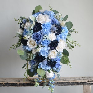 Fake Flowers Bouquet-Dusty Blue Dark Navy Blue Ivory Boho Bridal Bouquet, Real Touch Roses, Hydrangeas, Wisteria, Boutonniere,Wrist Corsage