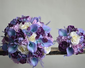Light Purple Blue Wedding Bouquet, Lavender Turquoise Real Touch Fake Flowers, hydrangea, Orchid, Roses, Bridal/Bridesmaids Bouquet, Corsage