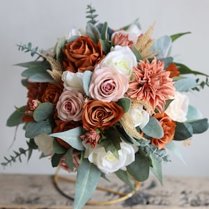 Fake Flowers Bridal Bouquet Burnt Orange Dusty Pink, Fall Boho Wedding Bouquets, Artificial Real Touch Roses, Terracotta Ivory Bouquets