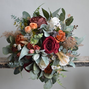 Faux Flowers Bridal Bouquet With Burgundy/Rust/Burnt Orange/Ivory, Fall Winter Terracotta Greenery Bridesmaids Bouquet, Real Touch Roses
