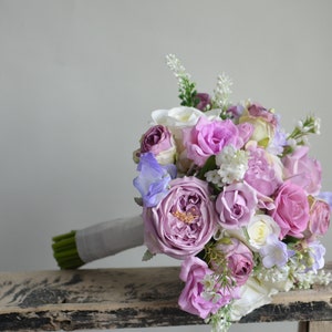 Fake Flowers Bridal Bouquets, Lilac Purple Mauve Wedding Bouquet, Light Warm Lavender Real Touch Flowers, Purple Wedding Bouquet