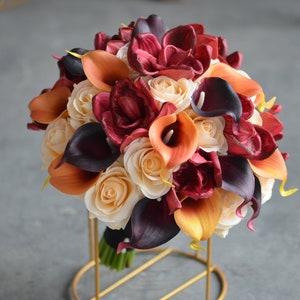 Dark Burgundy Orange Wedding Bouquets, Real Touch Calla Lilies, Yellow Orange Roses, Rustic Silk Bouquets, Fall Flowers Wedding