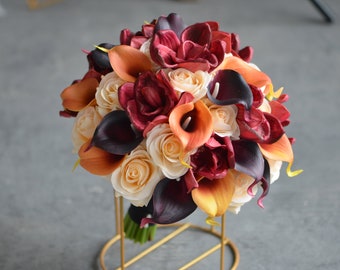 Burgundy Calla Lilies Wedding Bouquet, Orange Roses, Rustic Fall Flowers