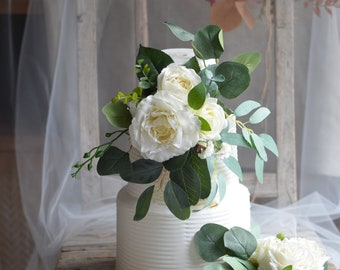 Fake White Rose Cake Topper Flowers For Wedding, Ivory cake topper, Wedding cake topper, Real Touch Roses, Eucalyptus