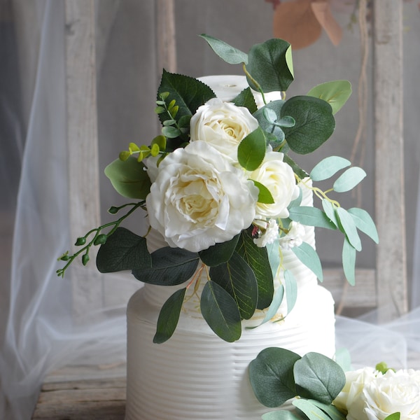 Fake White Rose Cake Topper Flowers For Wedding, Ivory cake topper, Wedding cake topper, Real Touch Roses, Eucalyptus