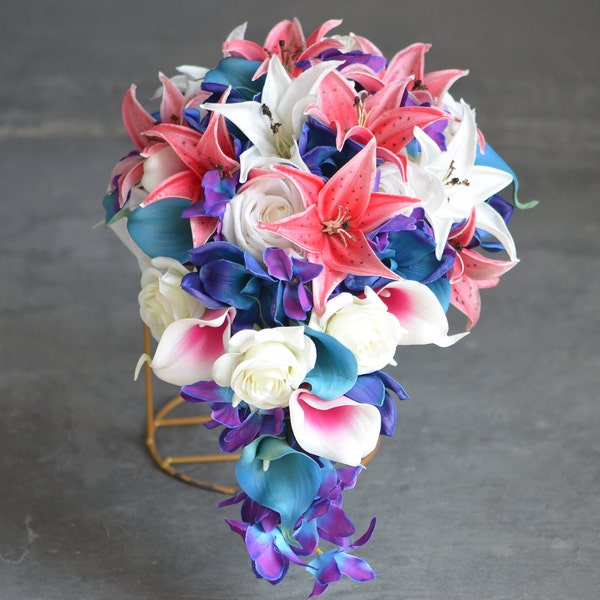 Bouquet de mariage bleu violet, bouquets de mariée rose chaud turquoise, fleurs Real Touch, orchidées bleu violet, fuchsia, mariages blanc ivoire