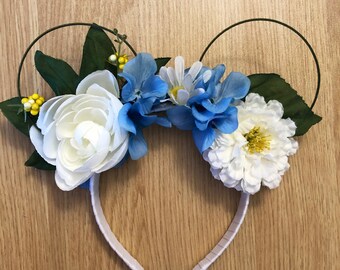 Blue and White, Flower Crown, Minnie Mickey, Wire Mouse Ears, Epcot Festival, Disney Vacation Accessories, Gifts for Her, Bridal Party