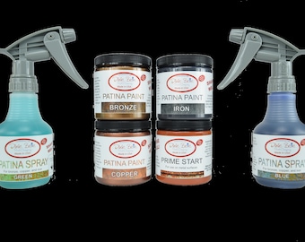 May include: A set of four patina paints and two patina sprays in various colors, including green, blue, bronze, copper, and iron. The products are labeled "Patina Paint" and "Patina Spray" with the color name printed on each bottle.
