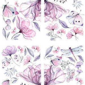 May include: A digital paper pack with watercolor illustrations of delicate pink flowers, butterflies, and dragonflies. The illustrations are on a white background.