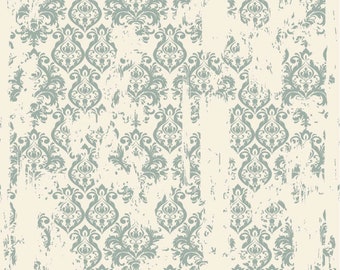 May include: Distressed Damask Decoupage Paper, a sheet of paper with a vintage damask pattern in shades of green and white. The paper has a distressed look, with areas of the pattern faded or rubbed away. The paper is perfect for crafting and decoupage projects.