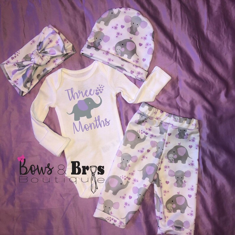 Monthly Onesie Baby Girl Outfit Set Baby Coming Home Outfit Purple Elephant Outfit Hospital Outfit Newborn Outfit Available Up To 24 Mo.