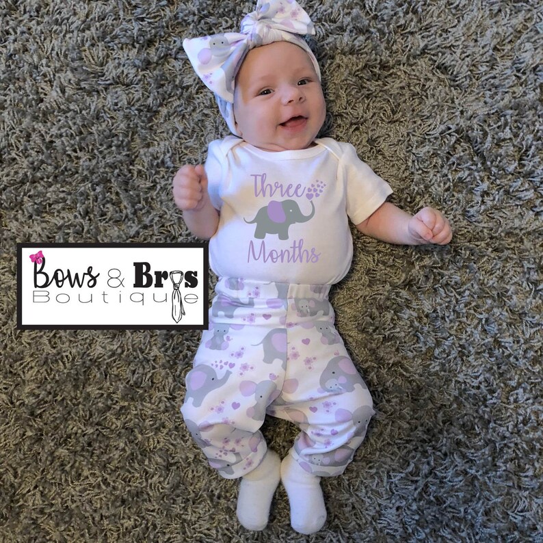 Monthly Onesie Baby Girl Outfit Set Baby Coming Home Outfit Purple Elephant Outfit Hospital Outfit Newborn Outfit Available Up To 24 Mo.