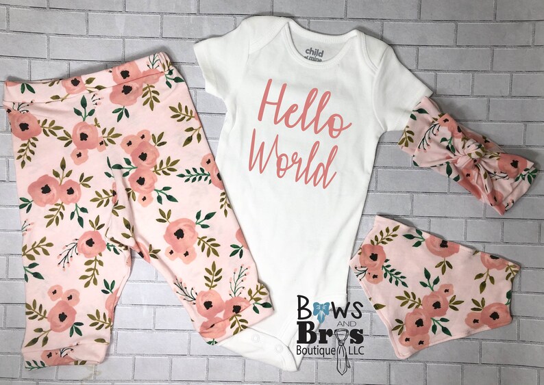 Summer Girl Outfit Boho Floral Spring Girl Outfit Coming Home Outfit Hello World Coral and Peach Floral Baby Girl 4 Piece Outfit Set