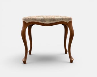 Vintage Upholstered Stool: European Mid-Century Cabriole Legs, Floral Fabric