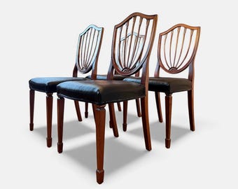 Set of Four Hepplewhite Style Dark Wood Dining Chairs – Shield Back Upholstered Seats