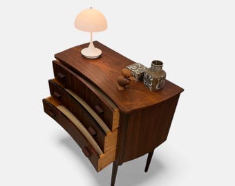 Danish Sculptural Rosewood Nightstand • Curved Front Petite Chest • 1950s Danish Modern