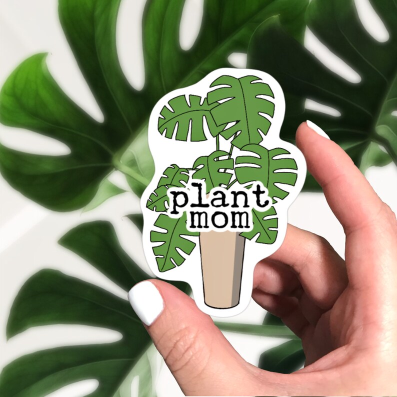 Puede incluir: Una pegatina blanca con una planta verde en una maceta marr&oacute;n. La planta tiene hojas grandes y el texto "plant mom" est&aacute; escrito en la pegatina.
