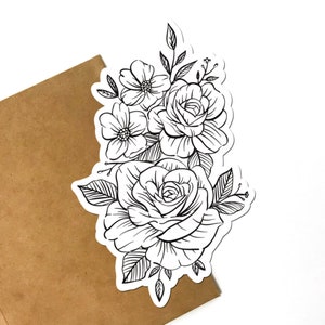 Peut inclure: Illustration en noir et blanc d'un bouquet de roses et d'autres fleurs. Les fleurs sont dessin&eacute;es dans un style d&eacute;taill&eacute; et r&eacute;aliste.