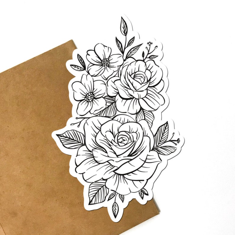 Peut inclure: Illustration en noir et blanc d'un bouquet de roses et d'autres fleurs. Les fleurs sont dessin&eacute;es dans un style d&eacute;taill&eacute; et r&eacute;aliste.