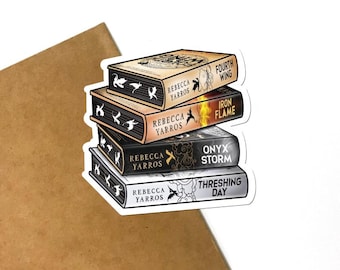 May include: A die-cut sticker featuring a stack of four books by Rebecca Yarros. The titles are Fourth Wing, Iron Flame, Onyx Storm, and Threshing Day. Each book spine displays dragon silhouettes, with colors ranging from tan and orange to black and white.