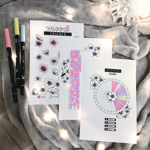 May include: Three printable mood tracker pages with a floral design. The first page has a mood tracker with a scale of happy to motivated. The second page has a mood tracker with a grid of 50 squares. The third page has a mood tracker with a pie chart divided into sections for happy, motivated, tired, and sad.
