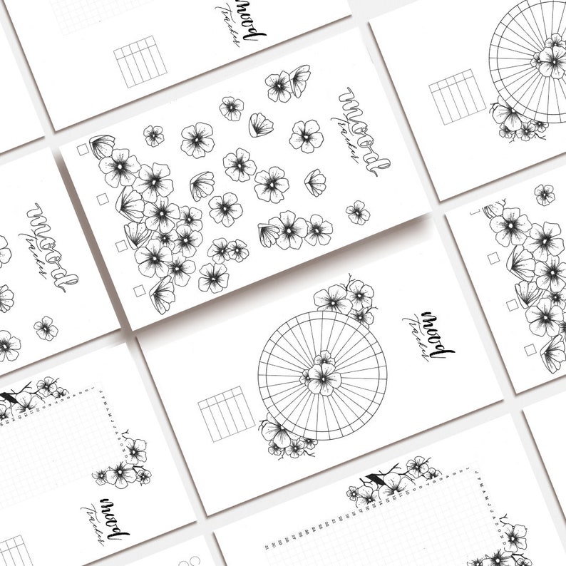 May include: A set of printable mood tracker pages featuring a variety of designs, including a flower mandala, a flower grid, and a flower dot grid. Each page includes the text "mood tracker".