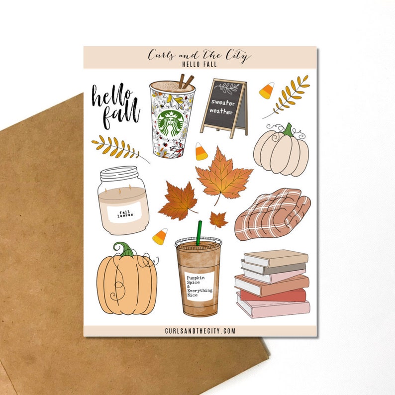 May include: A set of fall-themed stickers featuring a pumpkin, a coffee cup, a jar of fall leaves, a book stack, a blanket, a maple leaf, a chalkboard sign that says "sweater weather", and the text "hello fall".