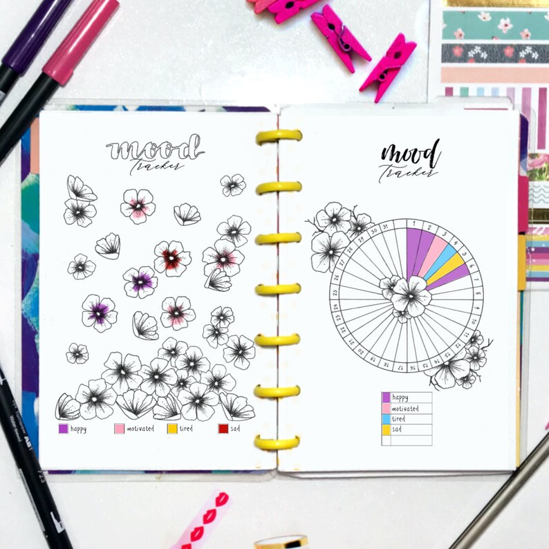 May include: A mood tracker with a flower design. The tracker has a circle divided into sections for happy, motivated, tired, and sad. The tracker also has a section with a flower design for each day of the month.