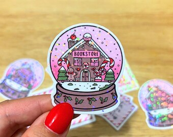 Pink Book Store Snow Globe Sticker, Christmas Sticker