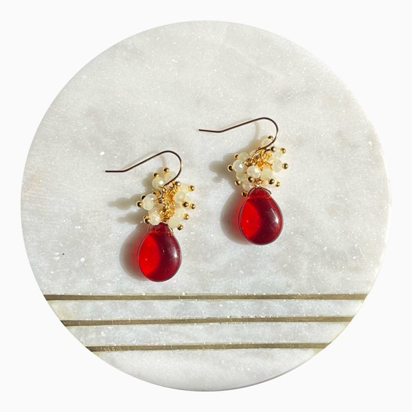 Czech Glass Red Teardrop, Cluster Earrings, Bijoux, Minimal, Dangle earrings, Unique gift for her, Jewelry for gift, colorful earrings